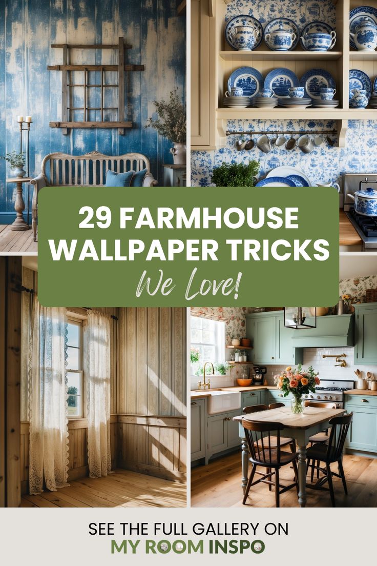 This pin showcases 4 captivating images featuring stunning farmhouse wallpaper ideas. Explore creative designs that redefine home decor while highlighting light colors, patterns, and textures for a cozy atmosphere. Farmhouse Wallpaper Ideas, Kitchen Wallpaper Accent Wall, Shiplap Designs, Farmhouse Mud Room, French Country Wallpaper, Cozy Farmhouse Bedroom, Country Laundry Rooms, Farmhouse Wallpaper, Laundry Room Wallpaper