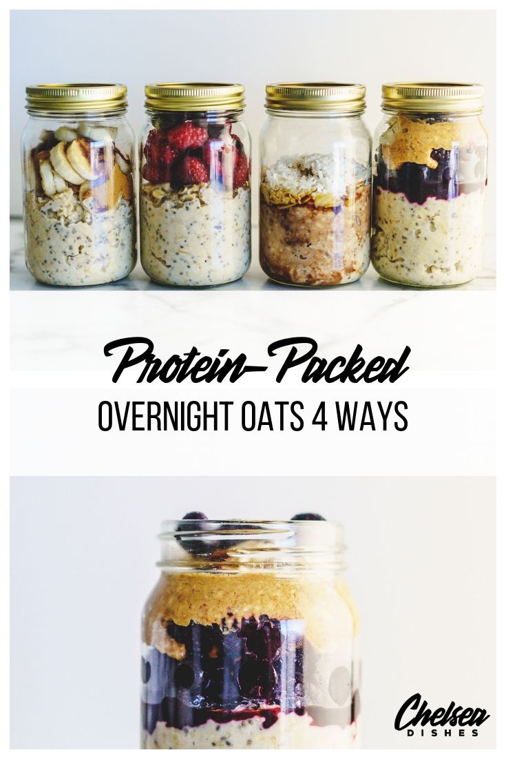 four mason jars filled with overnight oats and granola toppings, all labeled protein packed