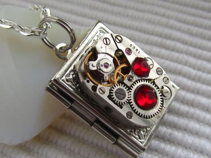 Steampunk Jewelry Book Locket necklace vintage watch movement Ruby Red  Swarovski crystals Gift for Her Women Birthday gift Silver locket Book Locket Necklace, Steampunk Book, Locket Necklace Vintage, Picture Locket, Steam Punk Jewelry, Book Locket, Turquoise Jewelry Native American, Mens Anniversary Gifts, Steampunk Jewelry