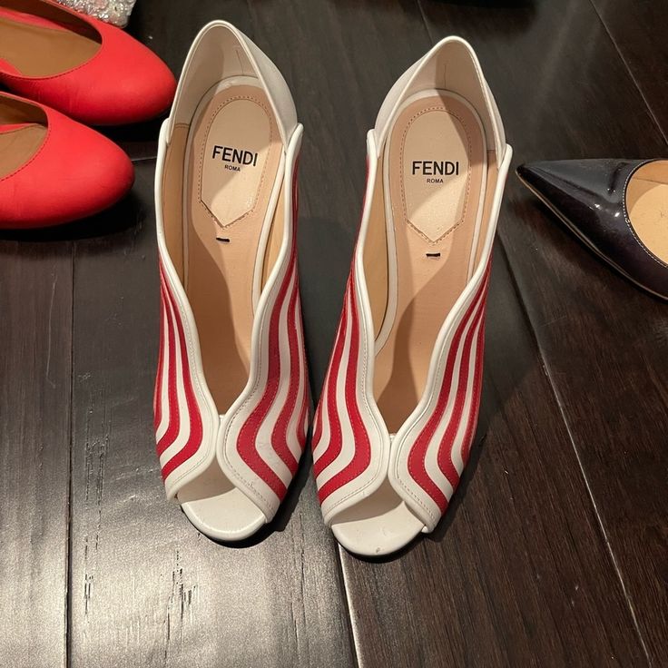 Brand New Never Worn Leather Super Chic Spring White Calf Leather Heels, White Calf Leather Heels, White Heels With Red Sole For Spring, Vintage Fendi, Black Kitten, Metallic Heels, Fendi Shoes, Ankle Strap Pumps, White Heels