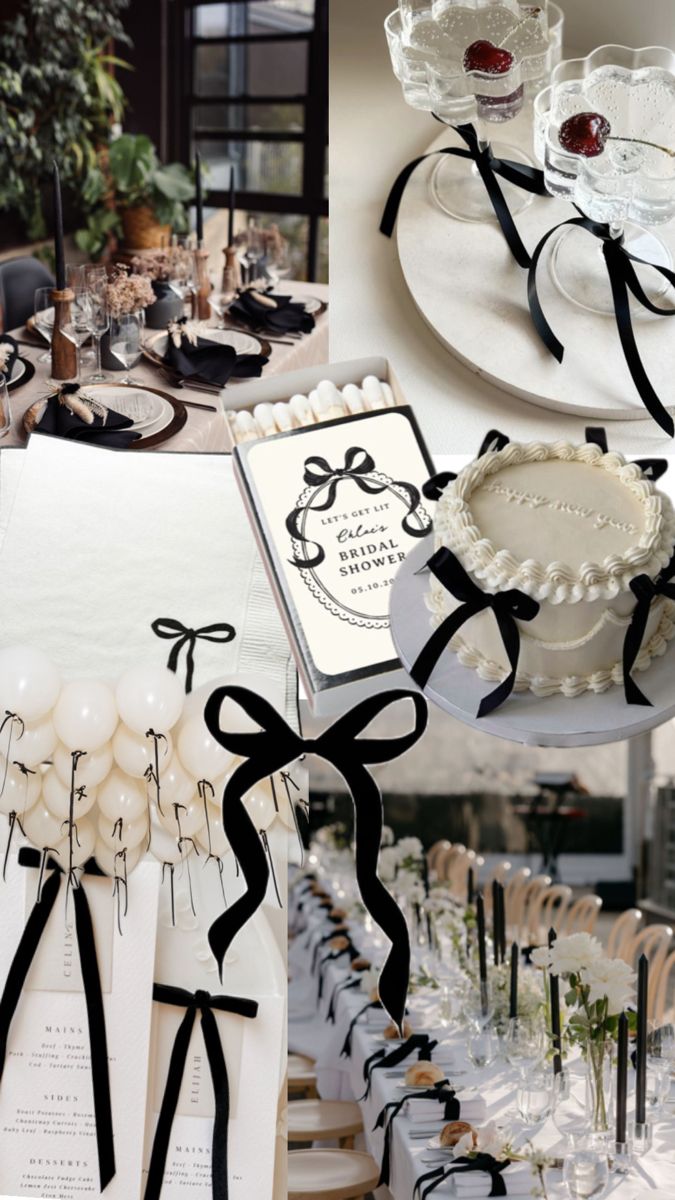 the table is decorated with black and white ribbons, plates, napkins, and desserts