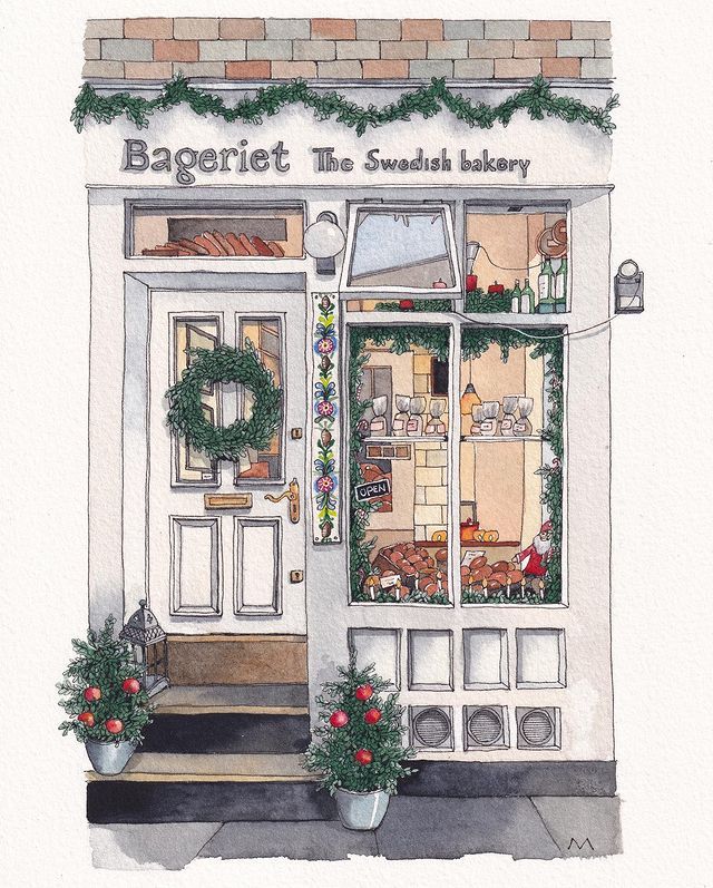 a watercolor painting of a store front with wreaths on the door and windows