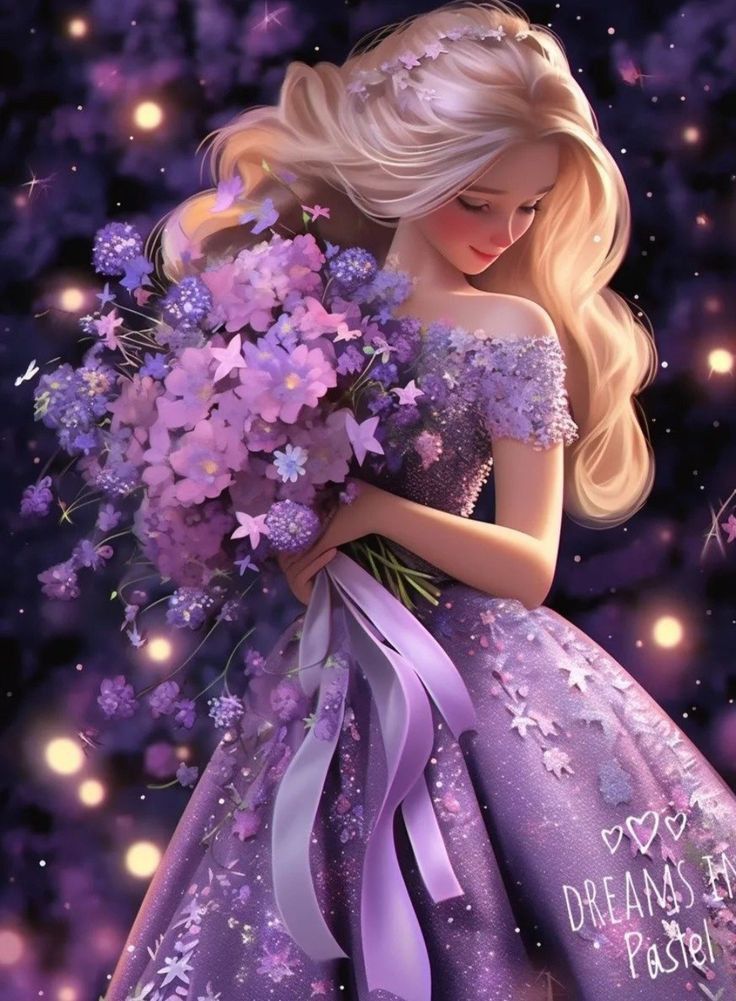 a painting of a blonde girl in a purple dress holding a bouquet of flowers with the words dream dreams pastel on it