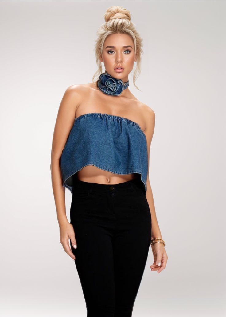 This elegant ensemble brings a sophisticated touch to any warm-weather wardrobe. Featuring a strapless A-line denim top with charming 3D flower choker, this outfit exudes a chic, exclusive style. Perfect for making a style statement at a special occasion, this fashionable combination will make you look effortlessly elegant. Main fabric composition: cotton Size fits XS-XL Denim Top And Jeans Outfit, Trendy Chokers, Backless Long Dress, Denim Flowers, Flower Choker, Wear Crop Top, Denim Mini Dress, Stylish Clothes For Women, Sleeveless Mini Dress