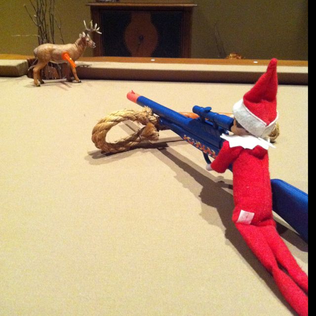 Elf on the shelf:-) Deer Hunting Elf On The Shelf, Hunting Family, Deer Stuffed Animal, Bad Elf, Duck Hunt, Awesome Elf On The Shelf Ideas, Xmas Elf, Elf Antics, Elf Fun