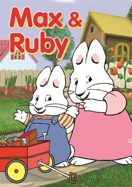 two white mice are riding on a toy car in front of a house with the words max and ruby