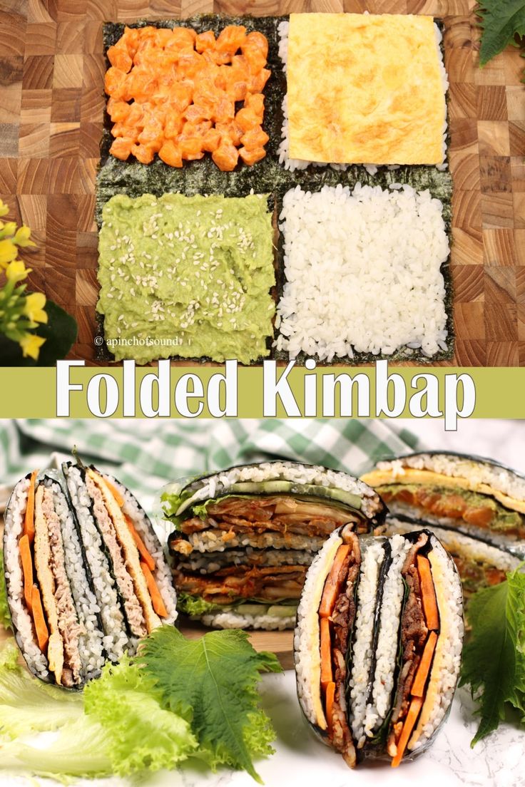 this is an image of folded kimbap with vegetables and meats on it