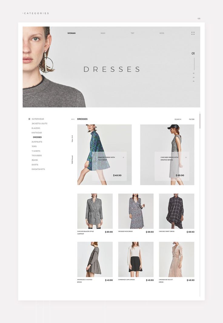 the website for dresses is displayed in white and black colors, with images of women's clothing on it