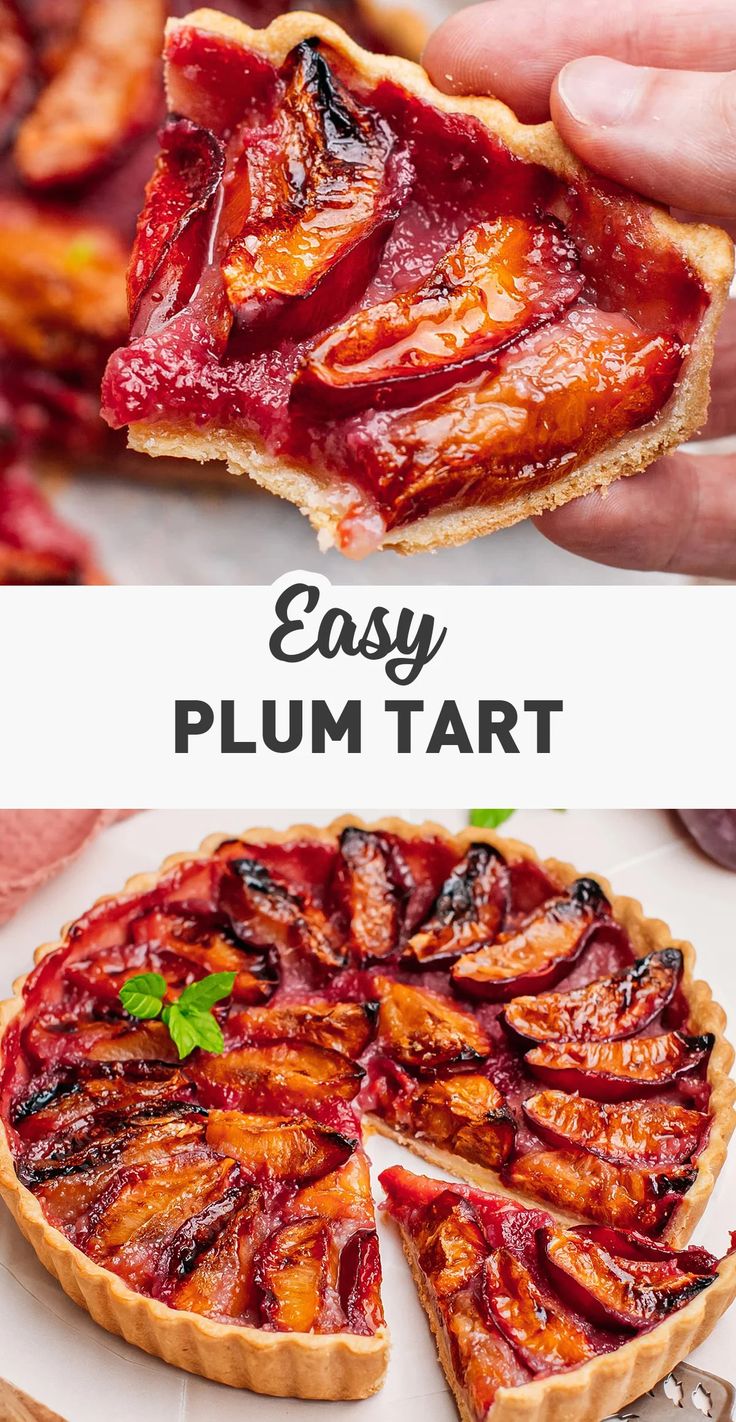 an easy plum tart recipe is shown in this image