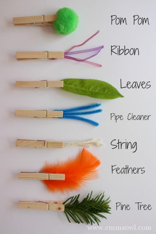 four different types of toothpicks with feathers on them and the words pom pom, ribbon, leaves, pipe cleaner, string feathers fine - tree