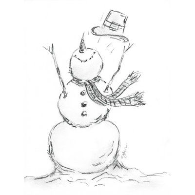 a drawing of a snowman wearing a hat and scarf