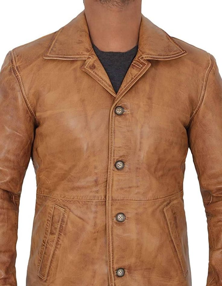 Description: Coat Style Leather Jacket for Men This coat style leather jacket is designed with a stylish classic design. This is a great choice for Casual outerwear. Moreover, This coat style leather jacket will make you more handsome and formal at weddings, parties, and more places. Genuine Leather: Handcrafted from 100% High-Quality Full Grain Genuine Real Leather. The material we use is all handpicked and durable which makes sure that this men’s leather coat is long lasting and withstand hars Leather Blazer With Snap Buttons And Lapel Collar, Casual Leather Blazer With Snap Buttons, Masculine Leather Outerwear With Pockets, Leather Blazer With Snap Buttons And Notch Lapel, Leather Sport Coat With Double Button Closure, Leather Blazer With Double Button Closure, Fitted Brown Leather Jacket With Double Button Closure, Single Breasted Long Sleeve Leather Sport Coat, Single Breasted Leather Sport Coat With Long Sleeves