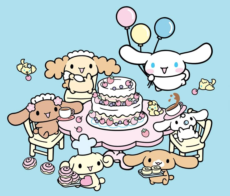 a group of stuffed animals sitting around a table with a cake and balloons on it