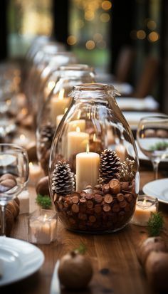 the table is set with candles and pine cones