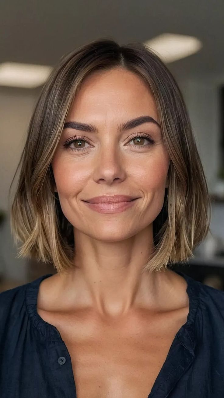 Trendy Mom Haircuts for Every Hair Length - Fads Check more at https://beautyfashionideas.com/makeup/trendy-mom-haircuts-for-every-hair-length-fads/ Bob Haircut With Lowlights, Same Length Bob, Collarbone Length Hair Fine, Short Balayage Bob, Brunette Bob Fine Hair, Medium Bob Thick Hair, Bob Thick Hair Straight, Shoulder Length Honey Brown Hair, Short Bob On Round Face