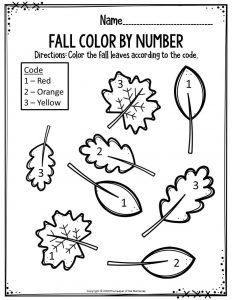 fall color by number worksheet with leaves