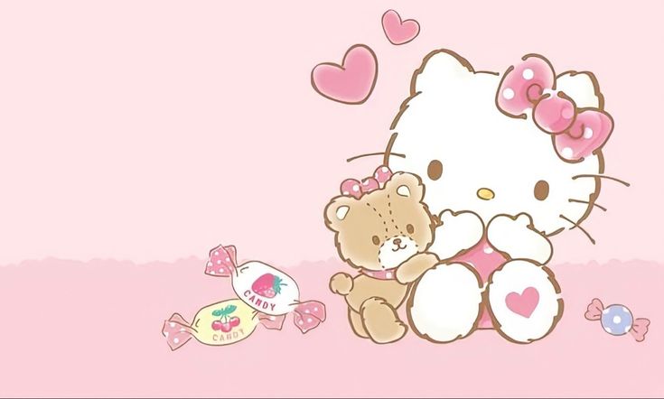 a hello kitty wallpaper with two teddy bears