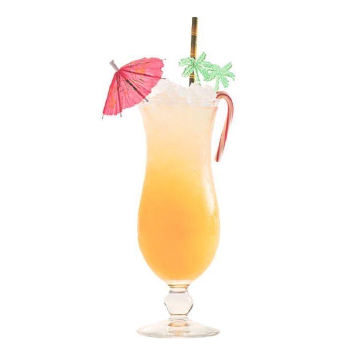 a tall glass filled with orange juice and an umbrella on the top, sitting on a white surface