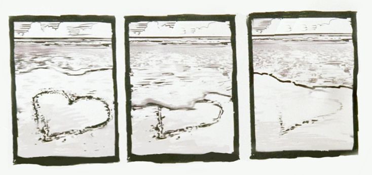 four frames with hearts drawn on them in black and white, each one has an image of the beach