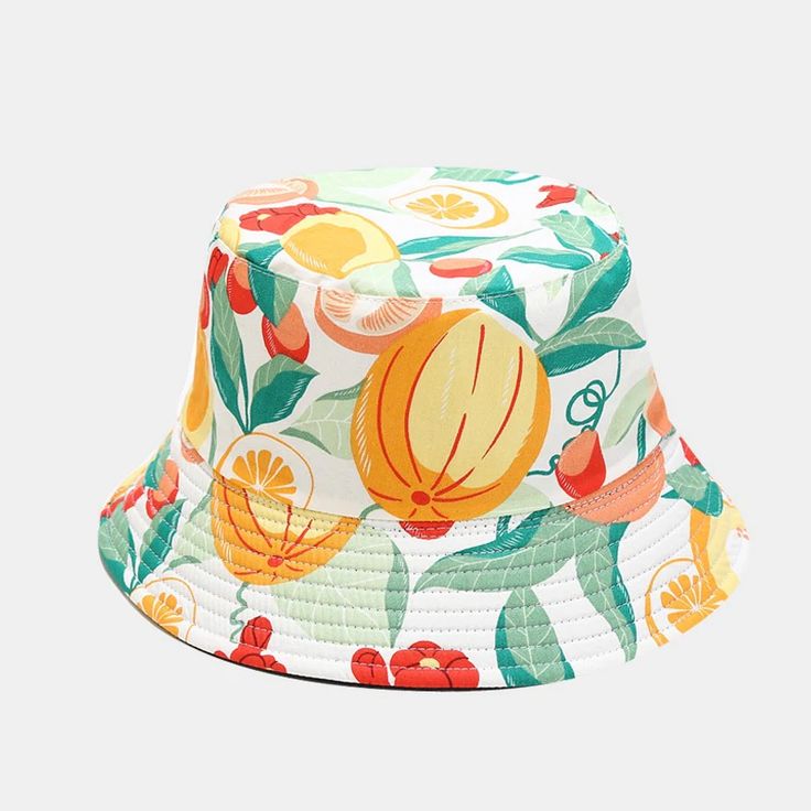 Fruit Print Bucket Hat - Peach Lemon – ByerClub Orange Summer Sun Hat, One Size, Casual Orange Sun Hat For Vacation, Retro Sun Hat For Summer Festival, Adjustable Orange Cotton Bucket Hat, Casual Orange Summer Hat, Orange Bucket Hat For Summer, Orange Summer Hat, One Size Fits Most, Trendy Bucket Sun Hat For Summer, Trendy Summer Bucket Sun Hat