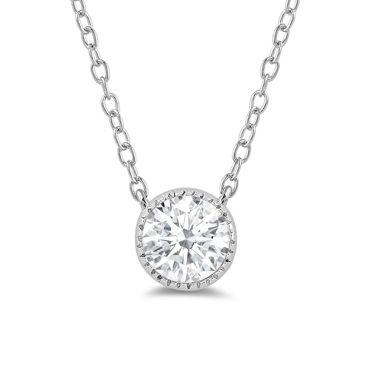 Endlessly versatile, this white gold necklace can pull together a formal, casual, and even professional look. The round pendant is topped with round diamond and surrounded by a milgrain frame. The basket setting features quadrilateral cut-outs on its sides for an edgy finish. White Gold Necklace With Round Cut Lab Grown Diamond, White Gold Necklace With Lab Grown Diamond Round Cut, Platinum Necklace With Round Cut Diamond Accents, Platinum Necklace With Diamond Accents, Diamond Bezel Setting Round Pendant Necklace, Diamond Necklace With Bezel Setting And Round Pendant, Lab Grown Diamond Round Pendant Necklace With Brilliant Cut, White Gold Necklace With Bezel Setting And Round Cut, Timeless Diamond White Round Pendant Necklace