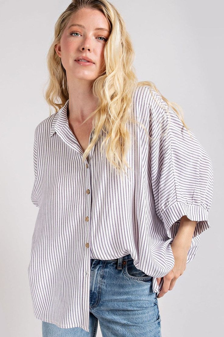 stripe button down woven shirt - black/white Relaxed Button-up Shirt With Rolled Sleeves, Trendy Button-up Shirt With Rolled Sleeves, Trendy Shirt With Shirttail Hem For Daywear, White Button-up Shirt For Casual Gatherings, Trendy Oversized Tops For Casual Gatherings, Cotton Blouse With Shirttail Hem For Day Out, Trendy Summer Shirt With Rolled Sleeves, Relaxed Button-up Shirt For Spring, Relaxed Button-up Spring Shirt