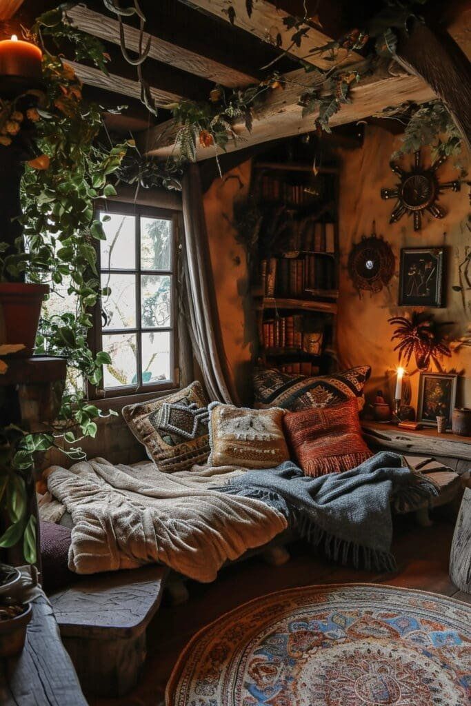 a living room filled with lots of furniture next to a window covered in greenery