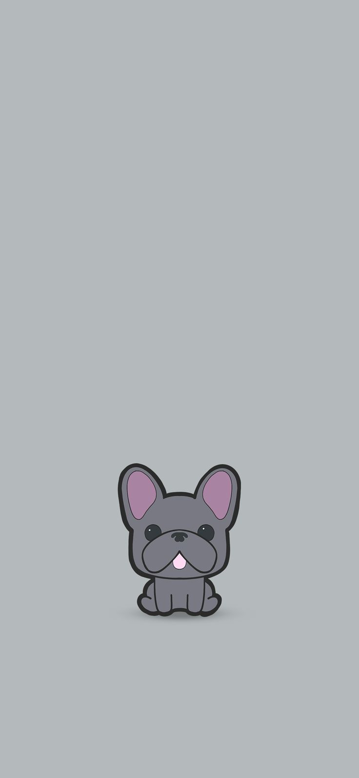 a small gray dog with pink ears sitting on top of a grey surface and looking at the