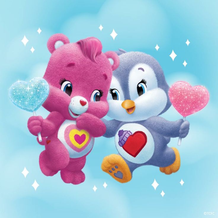 two teddy bears are flying in the sky with one holding a heart and another holding a balloon