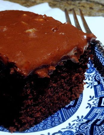 a piece of chocolate cake on a blue and white plate with a fork next to it