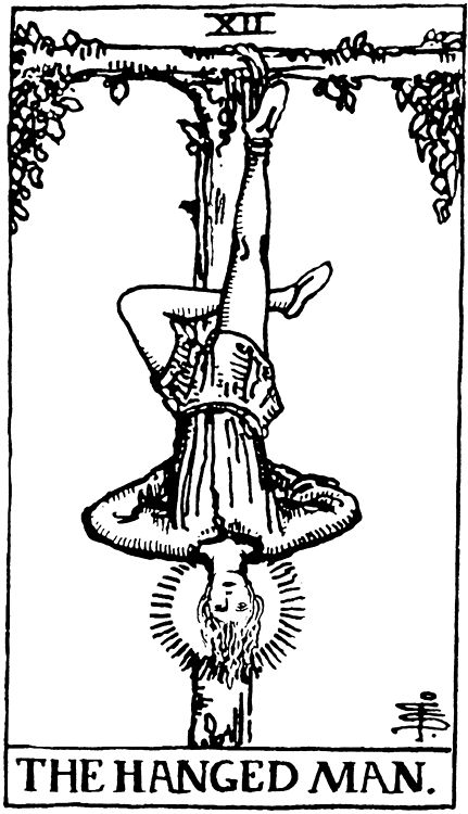 the hanged man tarot card is shown in this black and white illustration, with an image of a tree on it