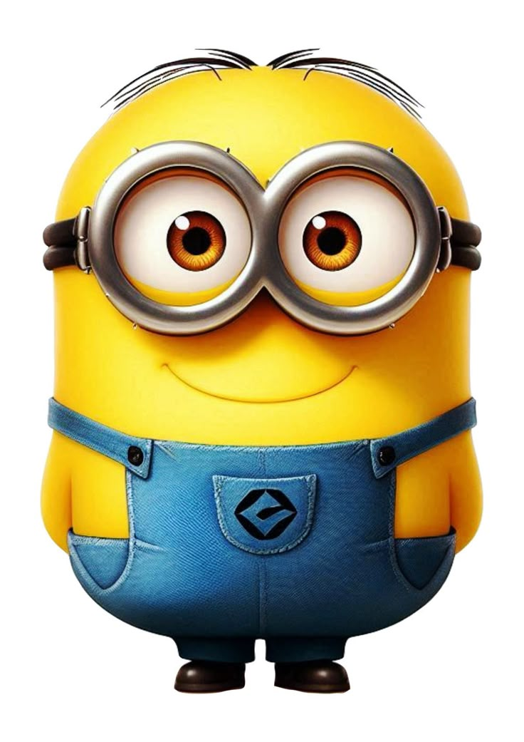 a cartoon minion with glasses and overalls standing in front of a white background