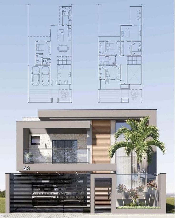 an architectural rendering of a house with two floors and three levels, in front of a palm tree