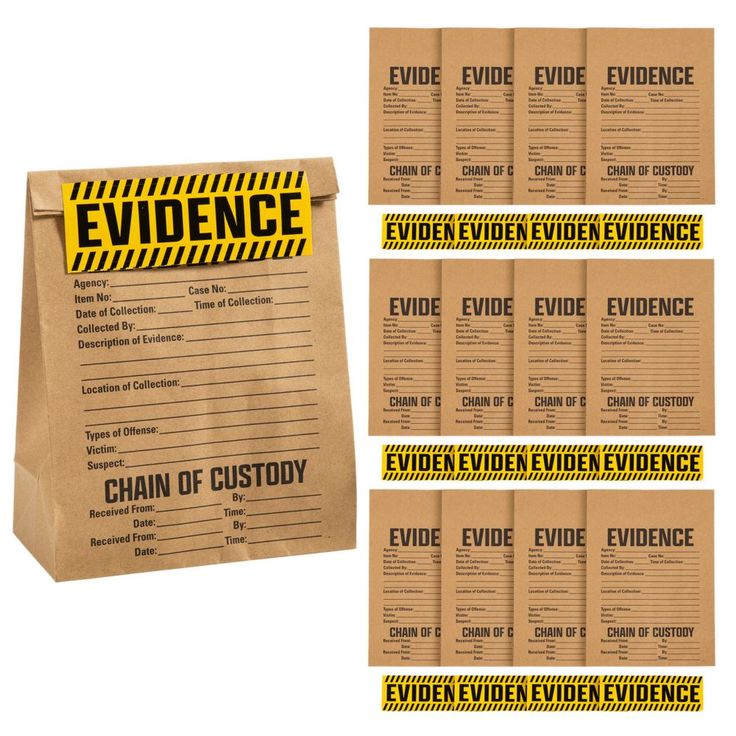 evidence cards and envelopes with yellow caution tape on them