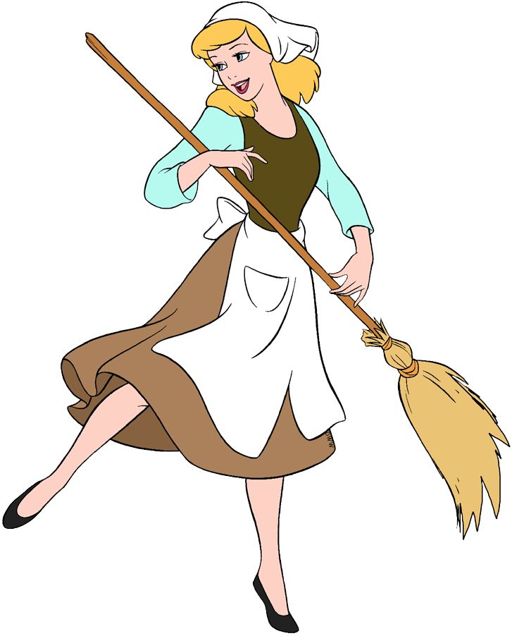 a woman in an apron holding a broom