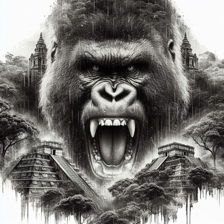 a gorilla with its mouth open in front of some trees and buildings, while it's surrounded by dripping water