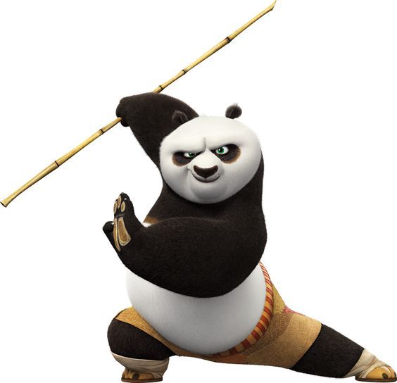 a cartoon panda holding a bamboo stick in its right hand and standing on it's hind legs