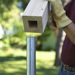 a man holding a bird house on top of a metal pole