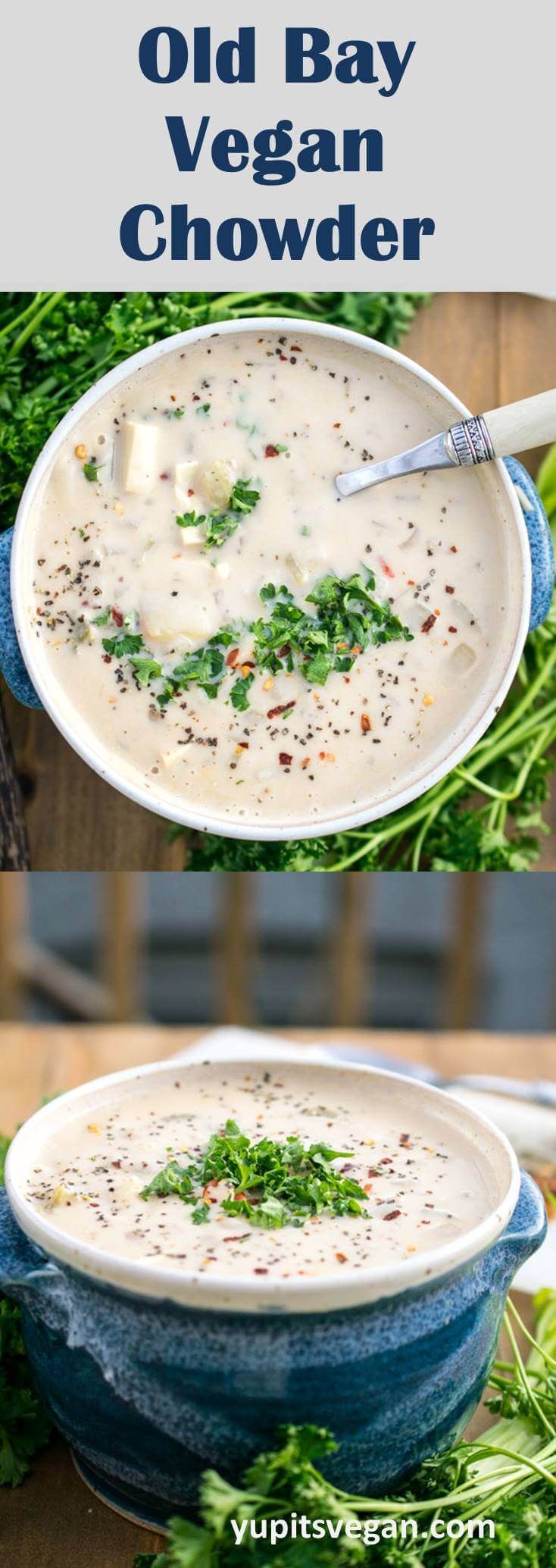 two pictures of old bay veggie chowder, with the title above it