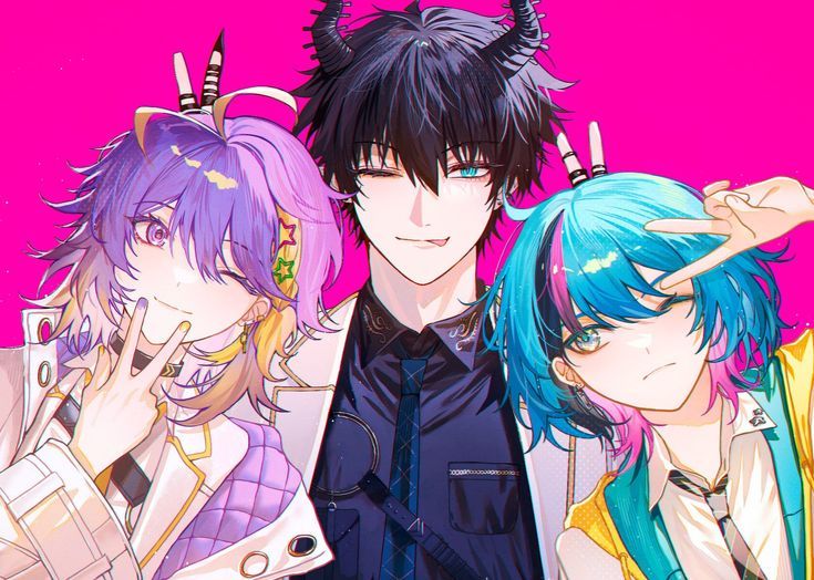 three anime characters with horns on their heads and one has blue hair, the other is pink