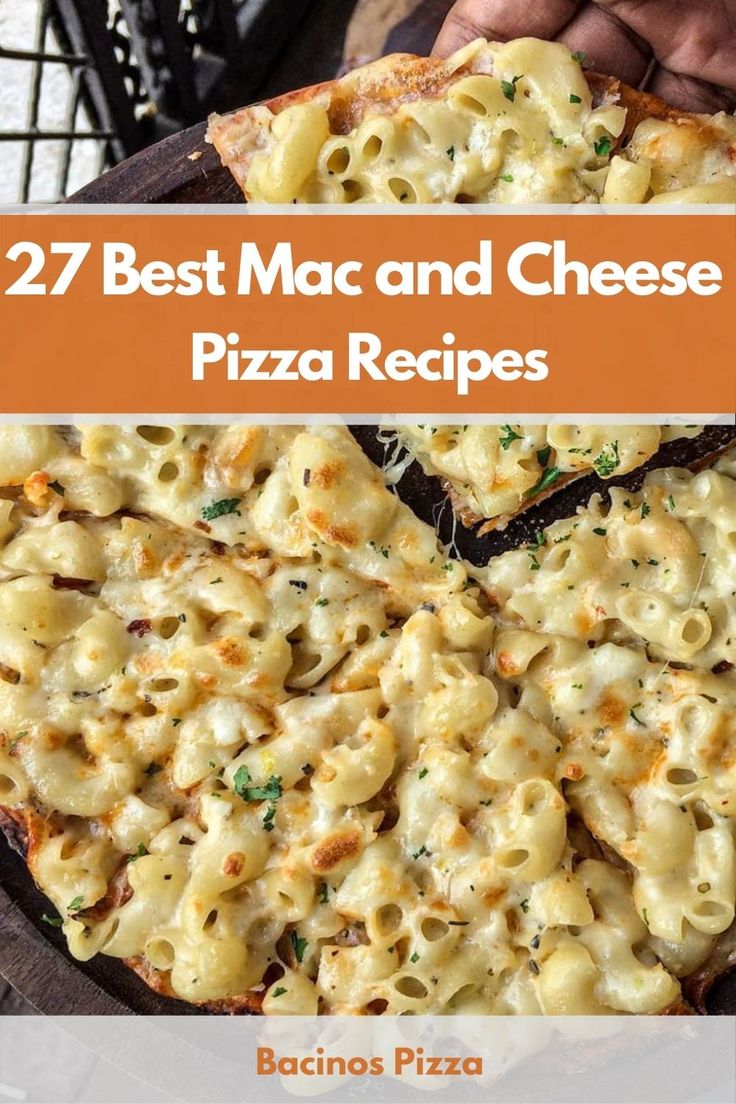 a pizza topped with macaroni and cheese on top of a pan