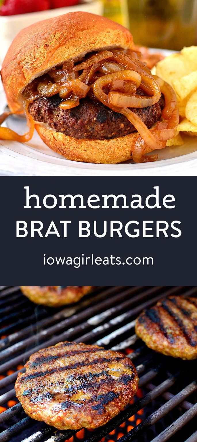 grilled burgers with onion rings on the grill and an image of homemade brat burgers