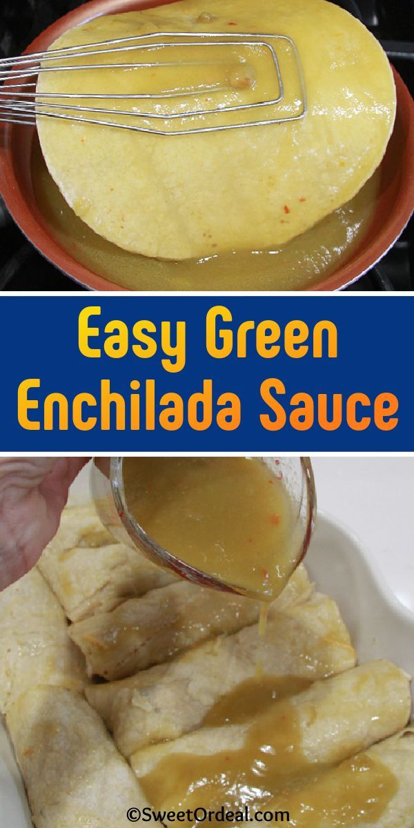 an easy green enchilada sauce is being poured over tortillas