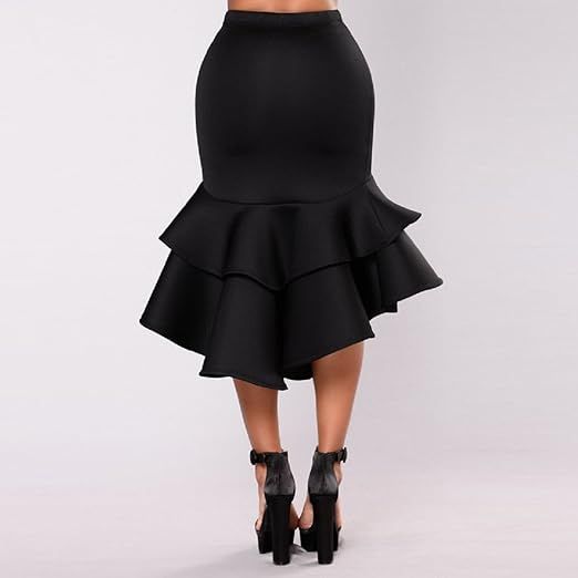 The Black Ruffle Mermaid Midi Skirt is a unique and stylish addition to any wardrobe. Crafted with fine materials, this skirt features a high waist, mermaid cut, midi length, and ruffled bottom. Perfect for any occasion, the skirt flatters various body types and provides maximum comfort and movement. Zipper closure Machine Wash Brand Size Dress Bust Waist Hip XS 0-2 31-32.5'' 23-24'' 31-34" S 4-6 33-35'' 25-26'' 35-37" M 6-12 35-36'' 27-28'' 38-39" L 12-14 38-40'' 29-31'' 40-42" XL 14-16 40-42'' 33.5-36'' 44-46" Chic Ruffled Party Skirt, Elegant Ruffle Hem Skirt For Night Out, Ruffled Flared Maxi Skirt For Party, Flared Maxi Skirt With Ruffles For Party, Chic Ruffle Hem Skirt For Evening, Chic Flared Maxi Skirt With Ruffle Hem, Party Mini Flared Skirt With Ruffle Hem, Elegant Ruffled Mini Skirt For Party, Elegant Tiered Mini Skirt For Night Out