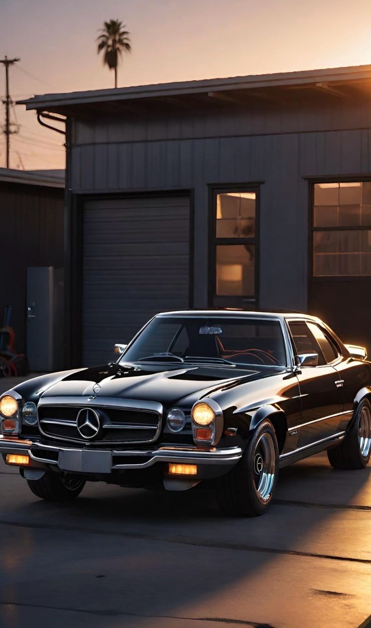 the mercedes benz coupe is parked in front of a building at sunset, with its headlights on