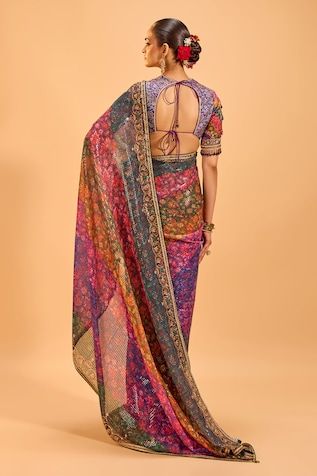 Multicolored saree with floral sequin embroidery. Paired with an embroidered blouse with tasseled sleeves. - Aza Fashions Multicolor Silk Pre-draped Saree For Reception, Multicolor Chanderi Blouse Piece For Reception, Unstitched Multicolor Blouse Piece For Reception, Multicolor Blouse Piece With Sheer Dupatta For Reception, Multicolor Silk Saree For Reception, Multicolor Art Silk Pre-draped Saree For Reception, Multicolor Blouse Piece For Reception During Navratri, Multicolor Georgette Pre-draped Saree For Transitional Season, Fitted Multicolor Pre-draped Saree With Zari Work