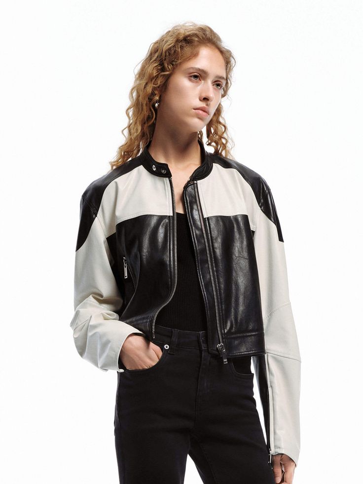 MO&Co. Women's PU Leather Contrast Jacket Made with soft faux leather, this short biker-style jacket features a retro two-tone design and convenient side pockets. Whether paired with jeans or casual pants, this jacket will elevate any outfit. Features : - Cropped biker style, contrast design- Side pocket, zipper closure- Made with soft PU leather Code: MBD1JKTT08The back length of size S is 47.8cmMATERIALS & CARE Material: Polyurethane artificial leatherREMINDER: All items are measured manually. Spring Retro Leather Jacket With Zipper Closure, Spring Retro Leather Jacket With Zipper, Spring Urban Leather Biker Jacket, Urban Leather Biker Jacket For Spring, Edgy Leather Cropped Jacket For Spring, Trendy Black Leather Cropped Jacket, Retro Spring Biker Jacket With Zipper Closure, Retro Biker Jacket With Zipper Closure For Spring, Retro Biker Jacket With Zipper For Spring