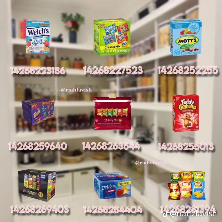 the shelves are filled with different types of snacks