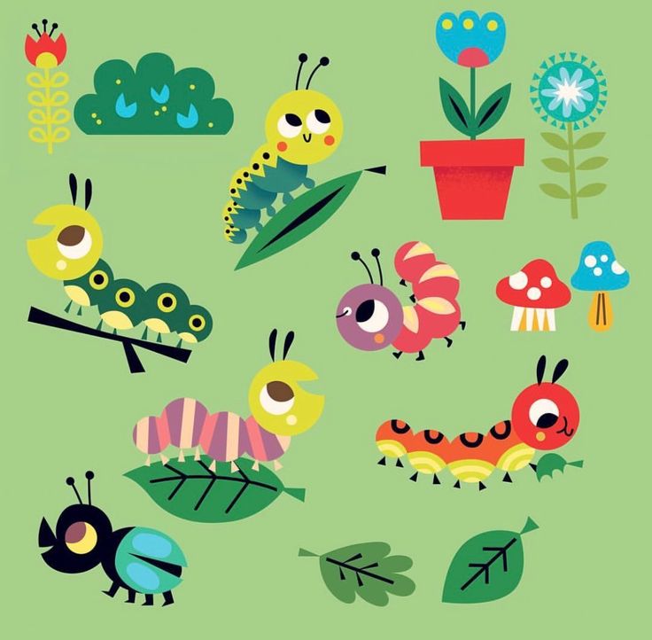 an image of bugs and caterpillars in the grass with flowers on them