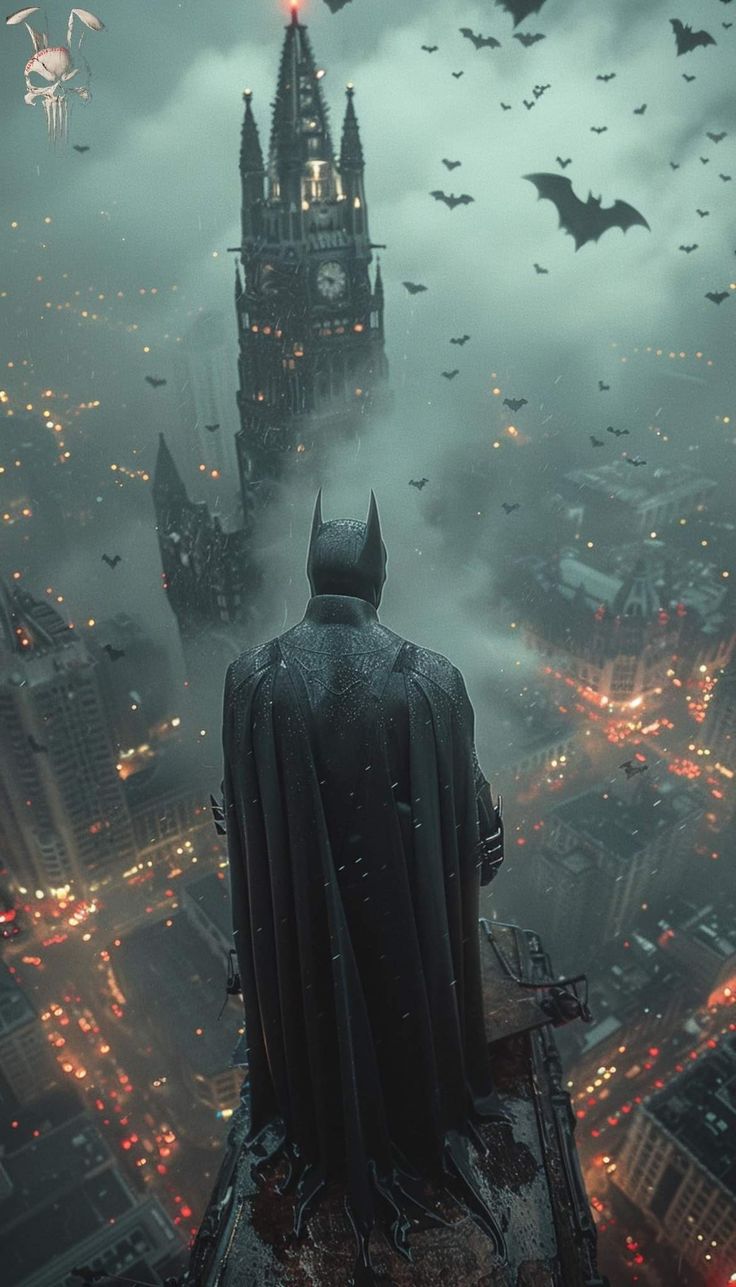 a batman standing on top of a building with bats flying over the city at night